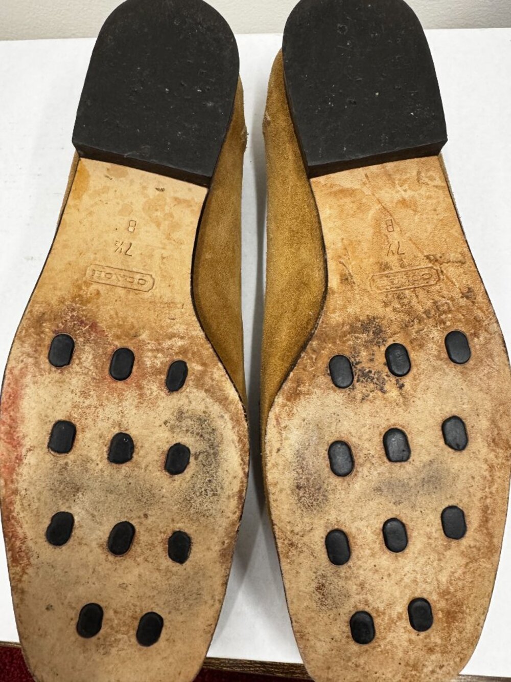 Vintage COACH Womens' Camel Natural Suede Flats Penny Loafers Buckle Stitch Deta - Picture 7 of 10